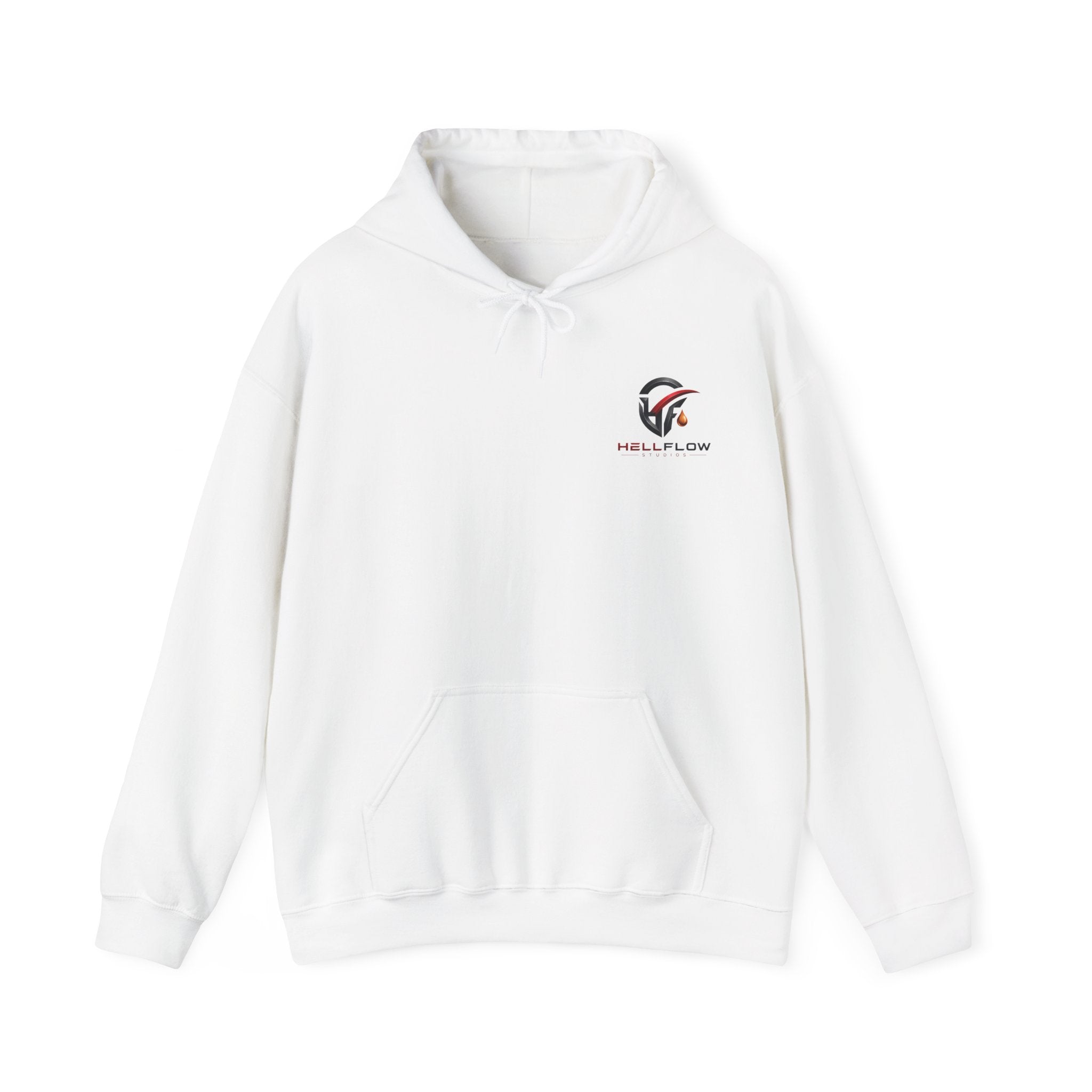 HellFlow Studios Logo Hoodie — Branded White Pullover